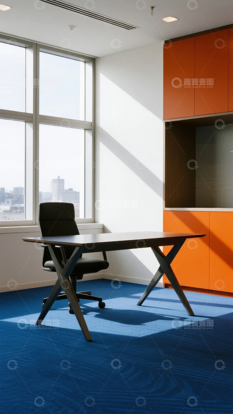现代办公室内景配有大窗户和橙色储物柜
