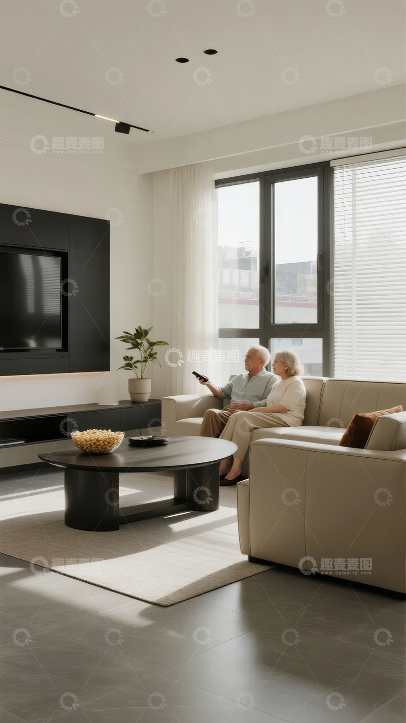 高清大图下载【趣麦麦图】老年夫妇在现代客厅看电视