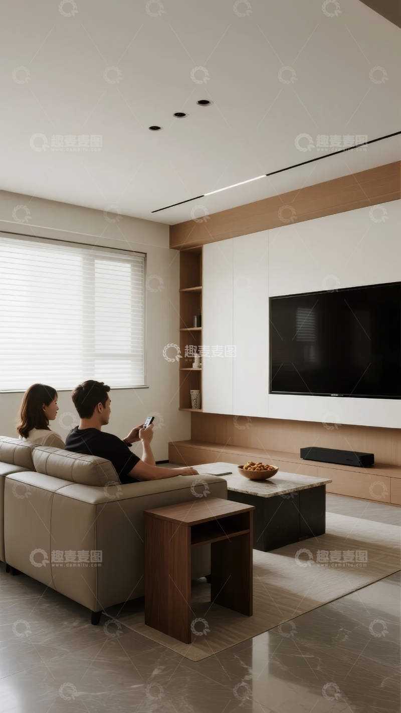 高清大图下载【趣麦麦图】现代客厅中两人坐在沙发上观看电视