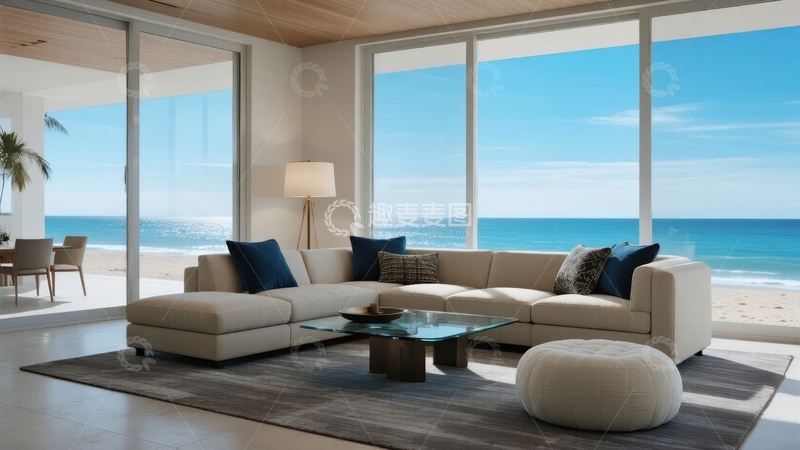 高清大图下载【趣麦麦图】现代客厅临海景观沙发茶几地毯
