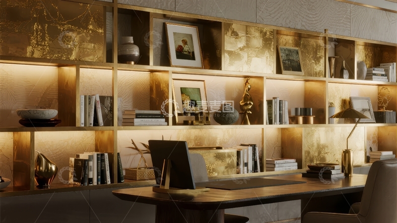高清大图下载【趣麦麦图】现代书房内书架陈列精美装饰品与书籍