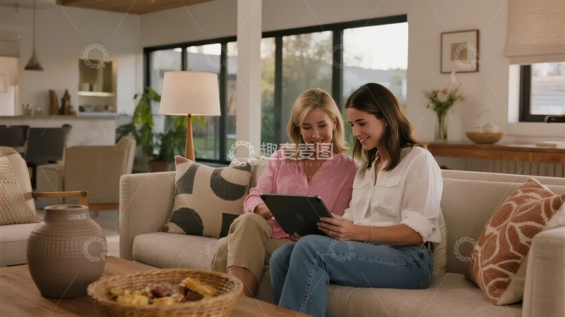 高清大图下载【趣麦麦图】两位女性在现代客厅沙发上使用平板电脑
