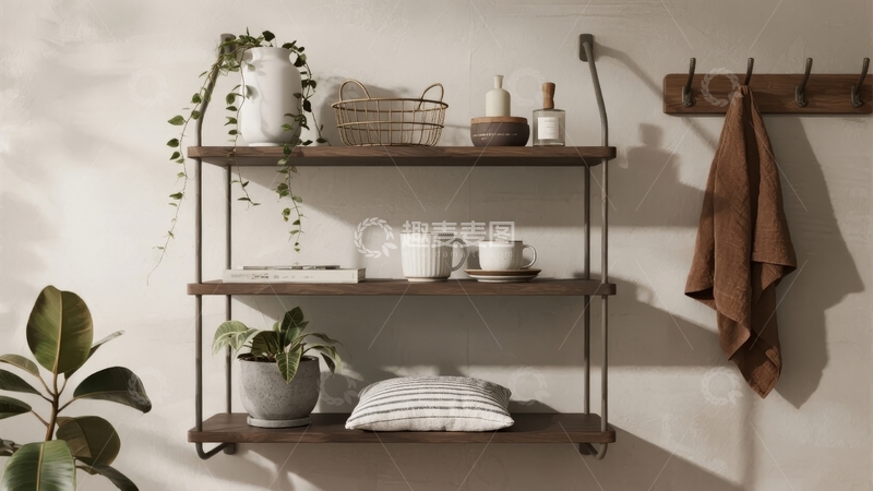 高清大图下载【趣麦麦图】简约风格墙面置物架摆放绿植与生活用品