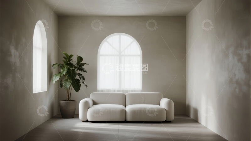 高清大图下载【趣麦麦图】简约现代风格客厅内摆放着白色沙发和绿植