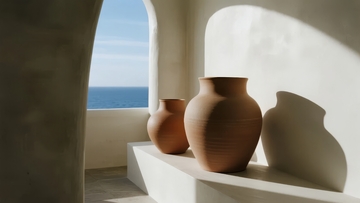 海边窗台上的陶罐静物摄影