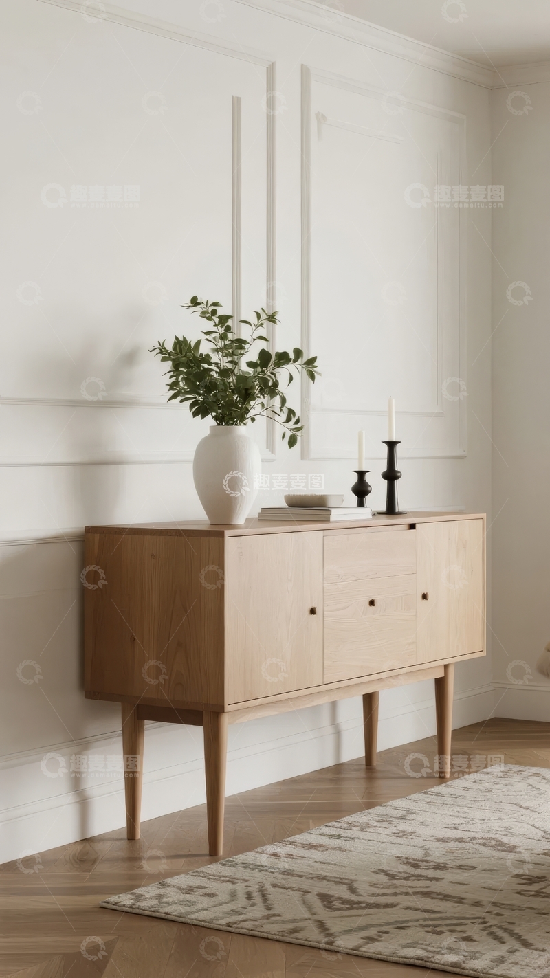 高清大图下载【趣麦麦图】简约风格客厅角落摆放着木质柜子和绿植装饰