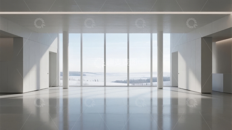 高清大图下载【趣麦麦图】现代简约室内空间透过大窗望向雪景