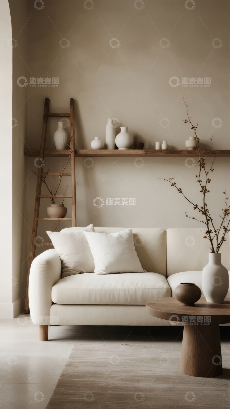 高清大图下载【趣麦麦图】简约风格客厅摆放着沙发、梯架和装饰品