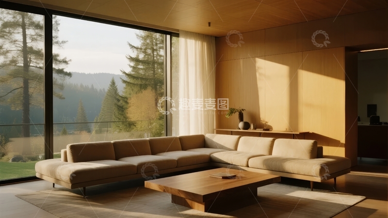 高清大图下载【趣麦麦图】现代客厅内景透过大窗可见山林景观