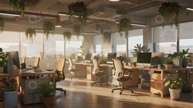 高清大图下载【趣麦麦图】明亮现代办公室内景摆放着绿植和办公桌椅