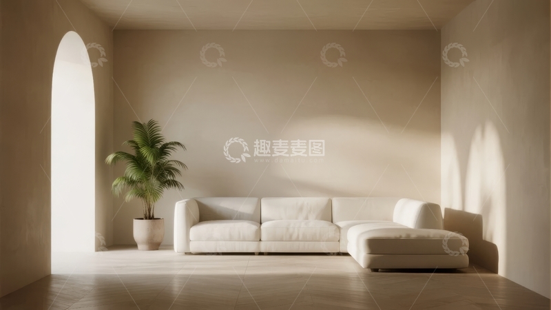 高清大图下载【趣麦麦图】简约现代客厅内白色沙发与绿植点缀