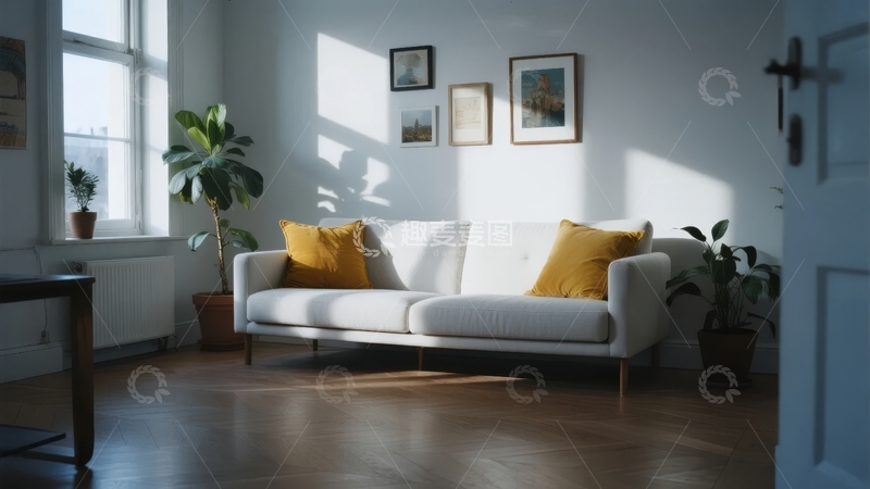 高清大图下载【趣麦麦图】阳光洒在客厅的白色沙发上黄色靠垫与绿植相伴