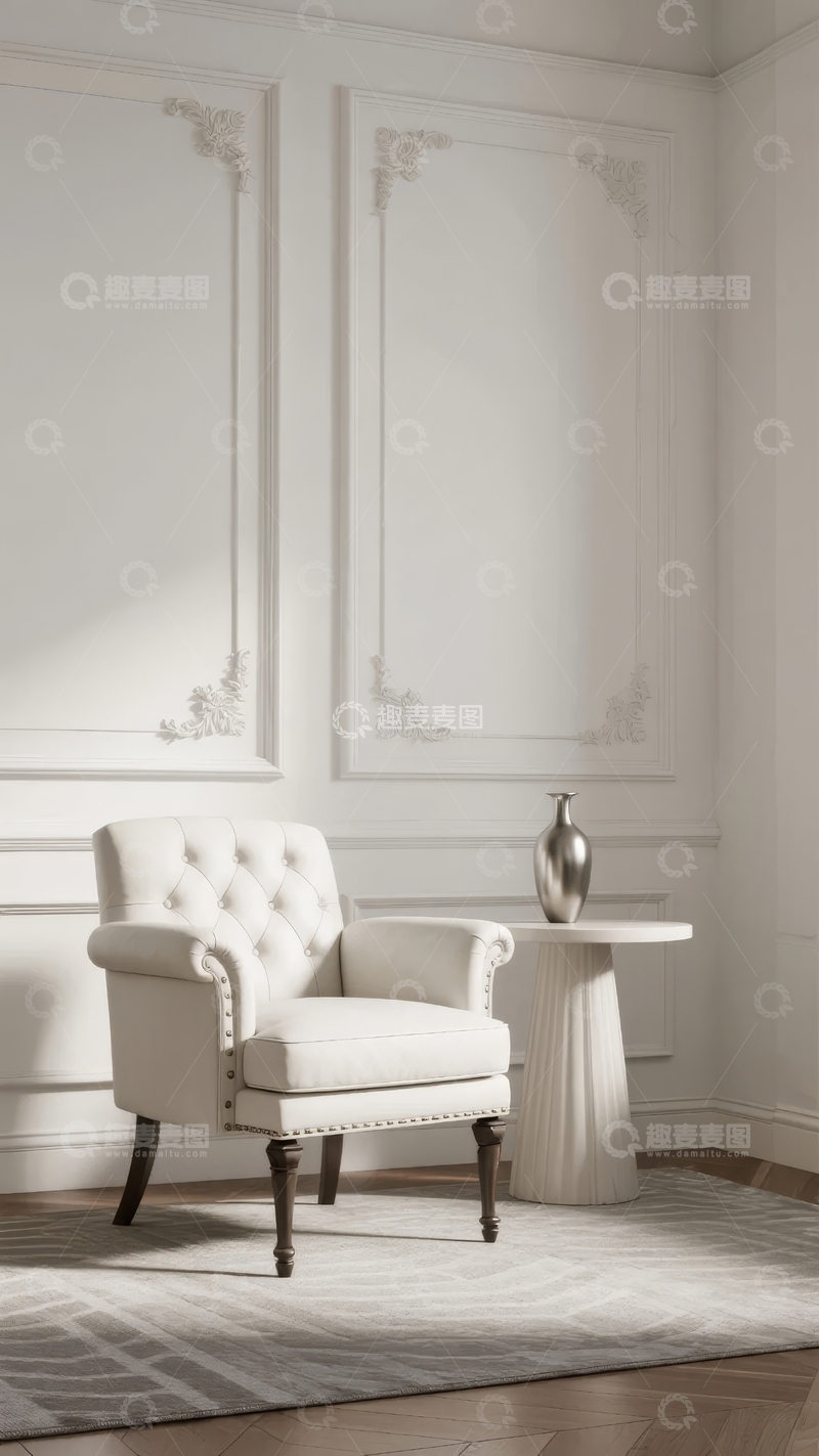高清大图下载【趣麦麦图】典雅白色墙面装饰下的舒适单人沙发与边桌