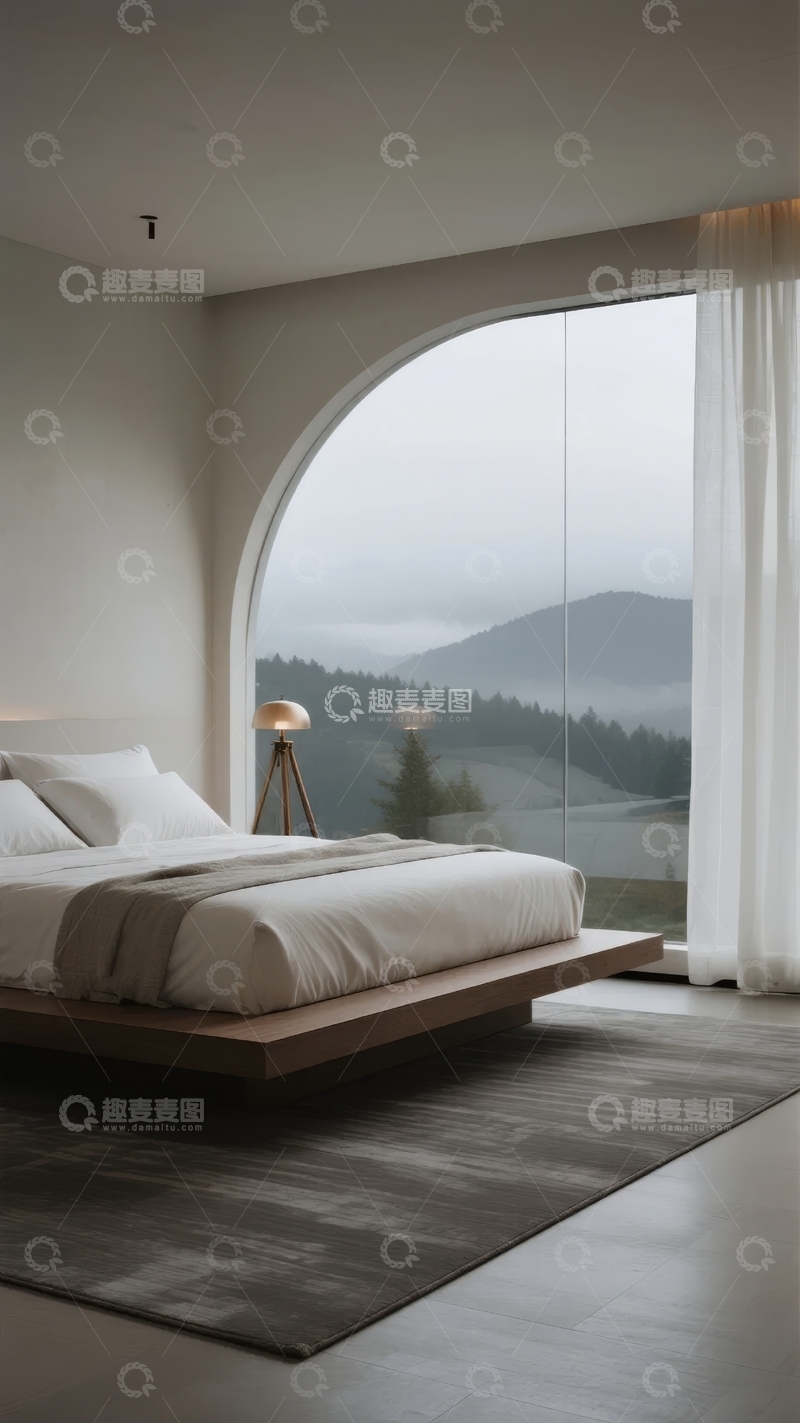高清大图下载【趣麦麦图】现代简约卧室透过拱形大窗欣赏山景