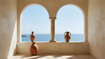 窗边摆放陶罐的室内空间远眺大海景色