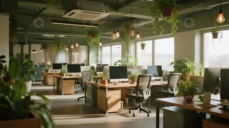 高清大图下载【趣麦麦图】明亮办公室内摆放绿植与办公桌椅