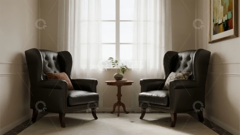 高清大图下载【趣麦麦图】两把黑色皮质扶手椅置于明亮窗户前的室内角落