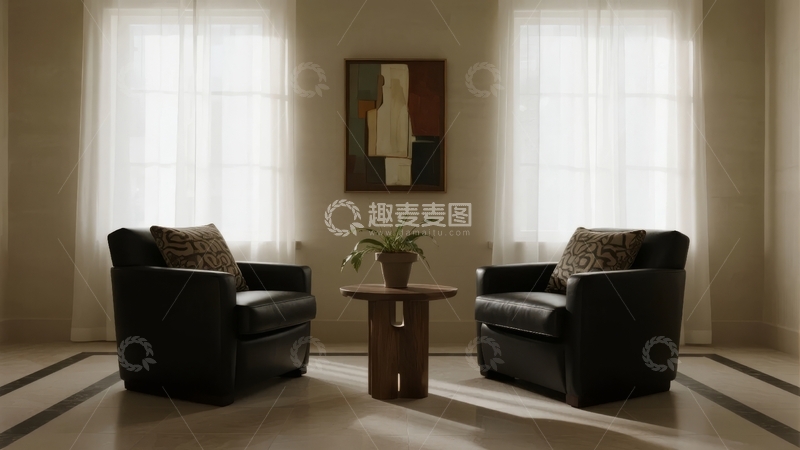 高清大图下载【趣麦麦图】室内摆放两张黑色皮质扶手椅和一幅抽象画