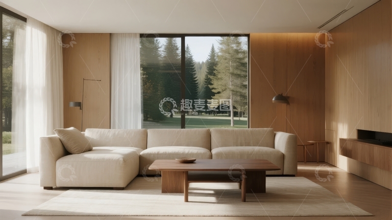 高清大图下载【趣麦麦图】现代简约客厅设计窗外绿树成荫