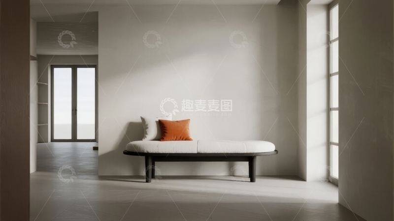 高清大图下载【趣麦麦图】简约现代风格客厅内摆放着白色长椅和橙色靠垫