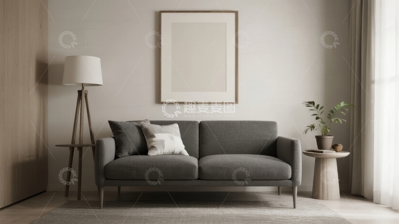 高清大图下载【趣麦麦图】现代简约风格客厅沙发墙挂画与绿植装饰
