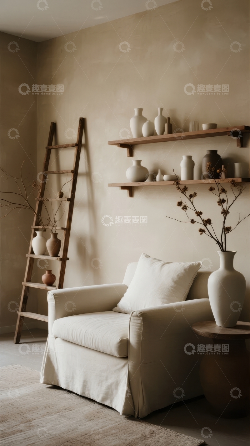 高清大图下载【趣麦麦图】简约风格客厅墙面装饰与舒适沙发角落