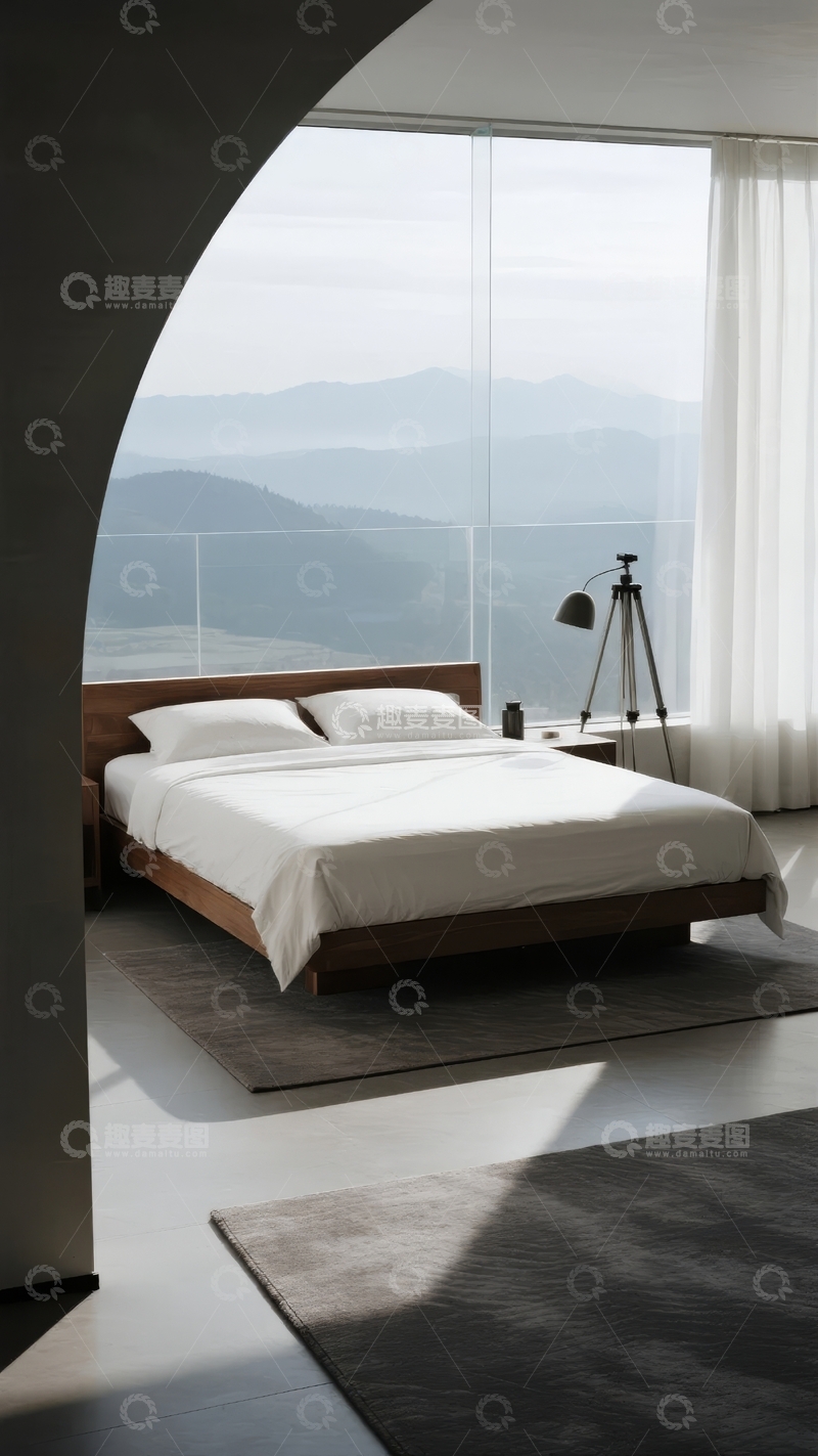 高清大图下载【趣麦麦图】现代卧室景观窗边简约床铺与山景