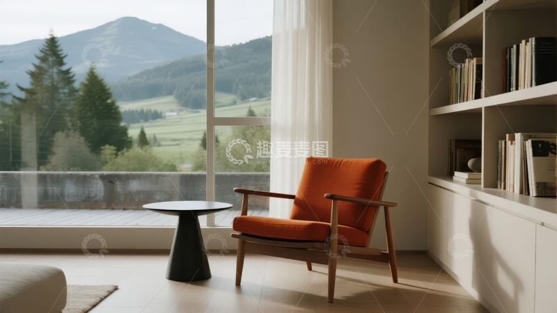 高清大图下载【趣麦麦图】现代室内橙色扶手椅与窗外自然景观