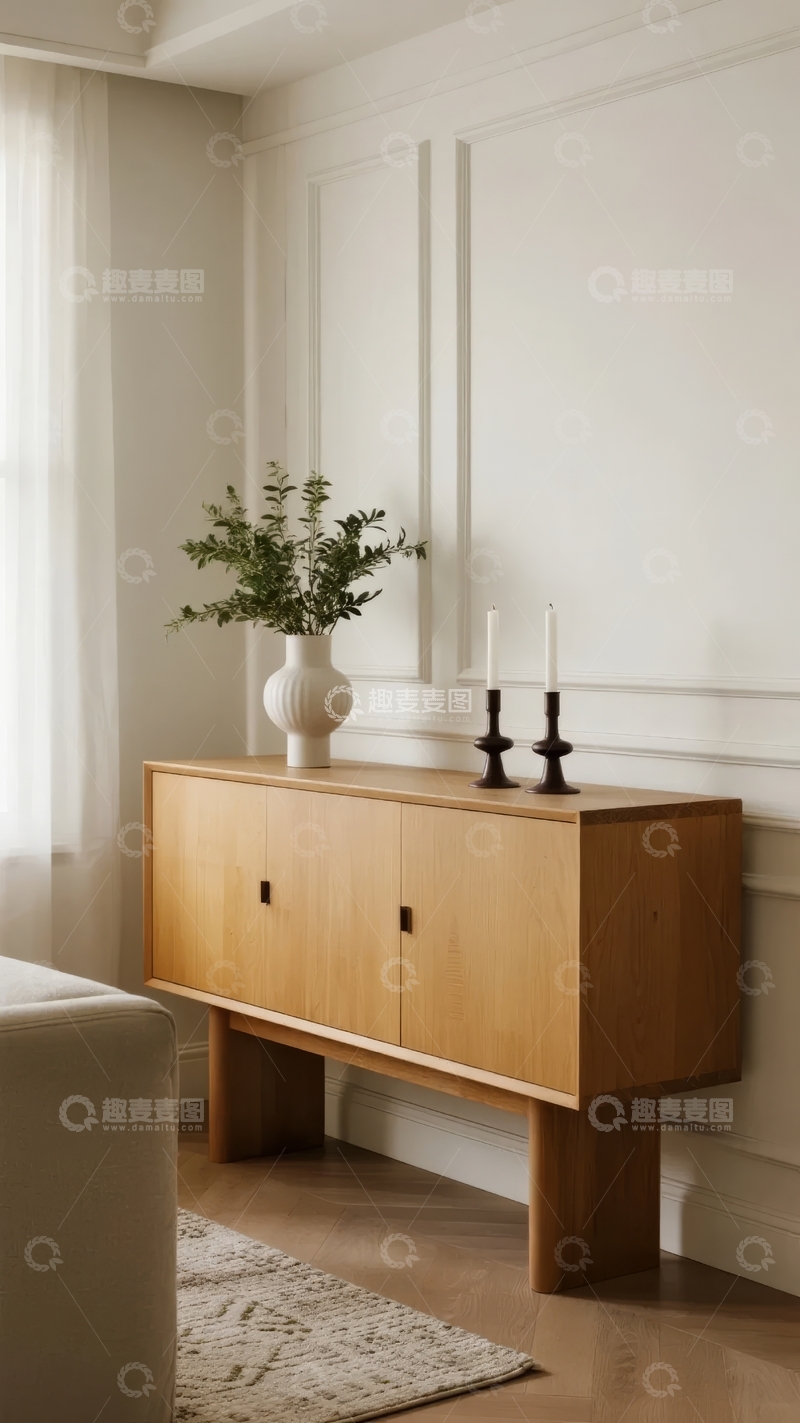 高清大图下载【趣麦麦图】简约风格客厅中的木质柜子搭配绿植与烛台