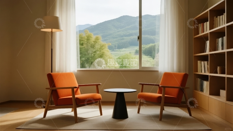 高清大图下载【趣麦麦图】室内橙色扶手椅与窗外山景的宁静角落