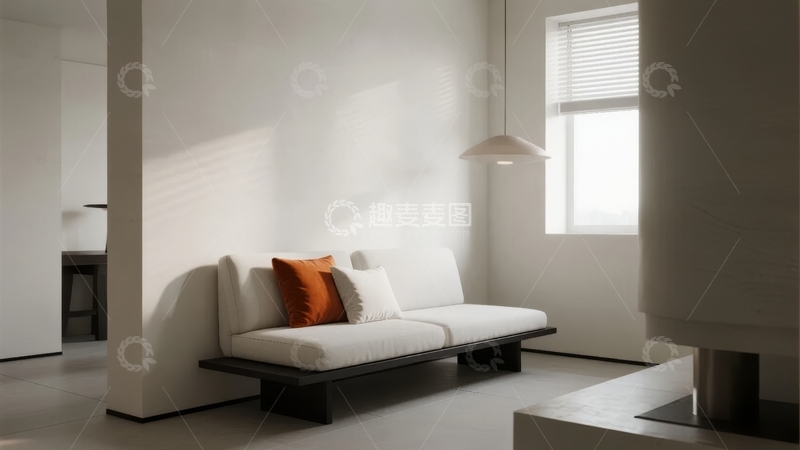 高清大图下载【趣麦麦图】简约现代客厅白色沙发搭配橙色抱枕