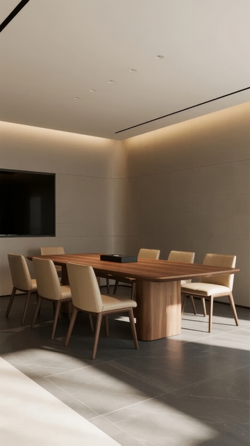 现代简约风格会议室配备长桌与多把椅子