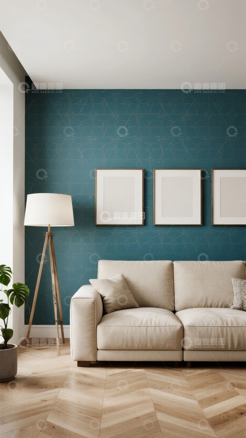 高清大图下载【趣麦麦图】现代简约客厅墙面为蓝绿色沙发配以白色装饰画