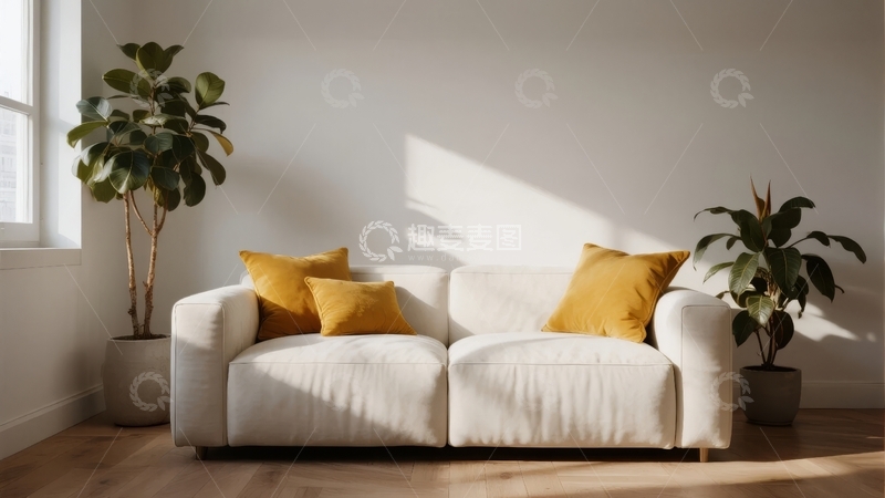 高清大图下载【趣麦麦图】明亮室内摆放着白色沙发配黄色靠垫和绿植