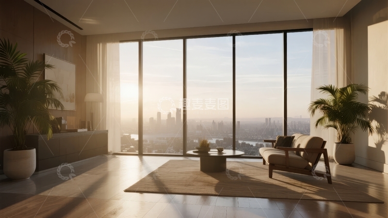 高清大图下载【趣麦麦图】现代客厅落地窗外城市日出景观