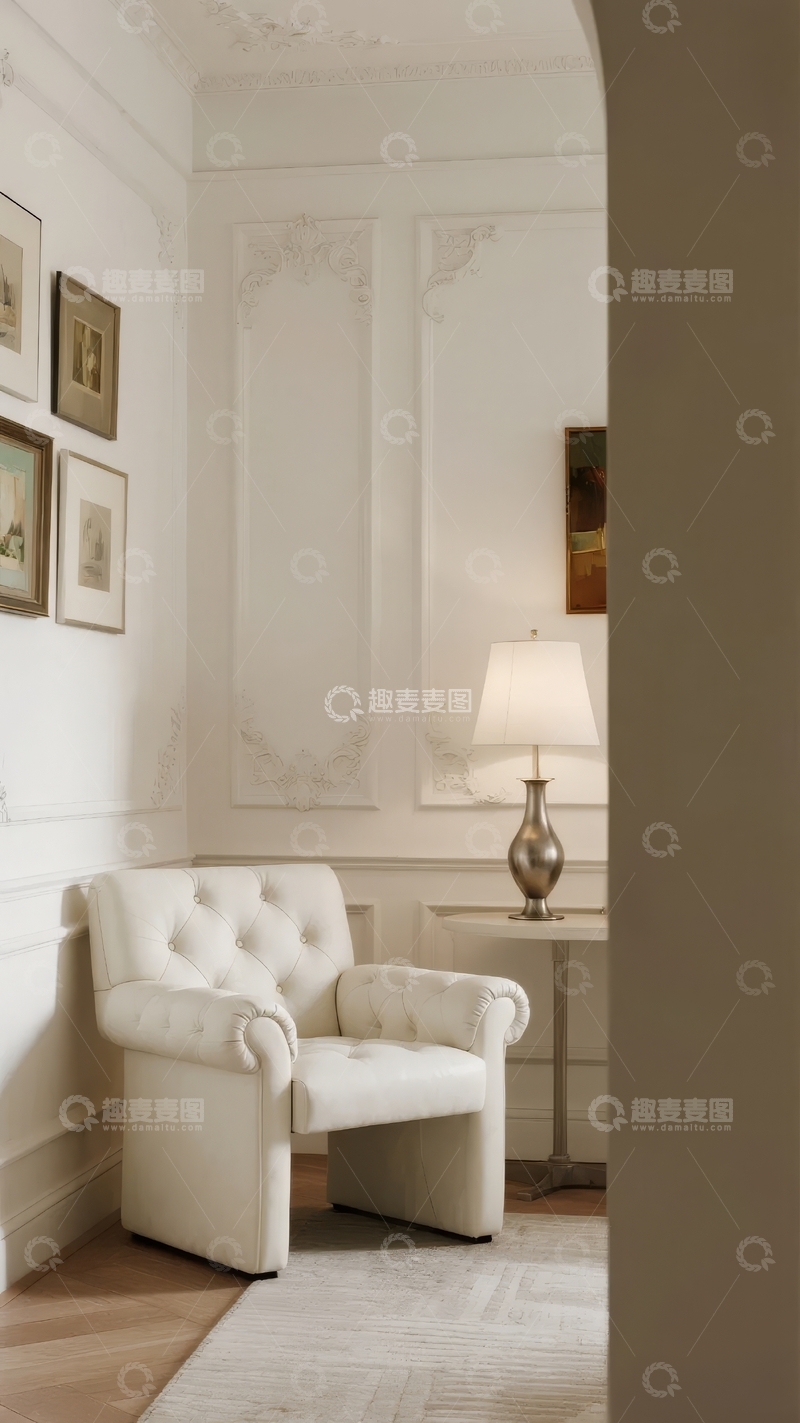 高清大图下载【趣麦麦图】典雅室内一角摆放着白色扶手椅和装饰画