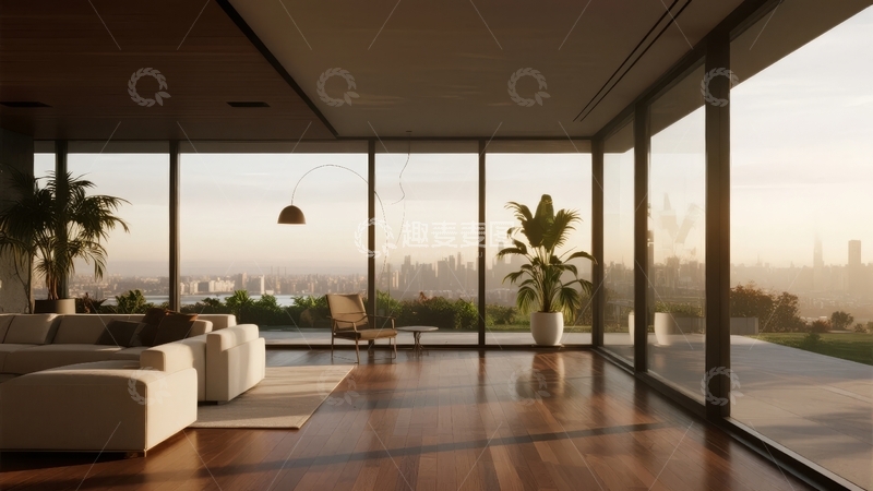 高清大图下载【趣麦麦图】现代客厅落地窗瞰城市景观