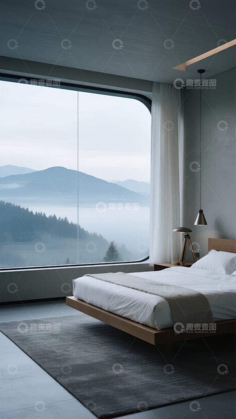 高清大图下载【趣麦麦图】现代卧室窗外山景晨雾环绕