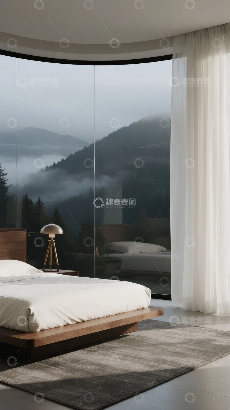 高清大图下载【趣麦麦图】现代卧室弧形大窗瞰山雾景观