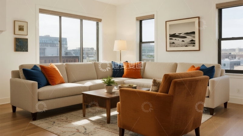 高清大图下载【趣麦麦图】现代客厅布置温馨舒适配有大窗户和城市景观