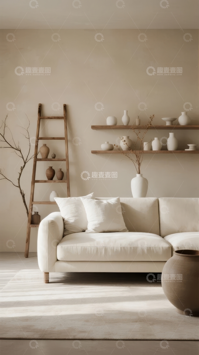 高清大图下载【趣麦麦图】简约风格客厅内摆放着米色沙发和木质置物架