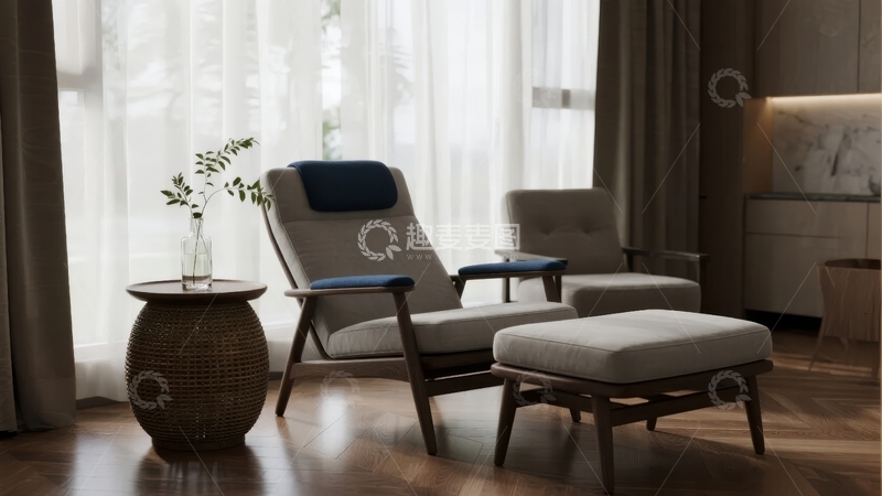 高清大图下载【趣麦麦图】现代简约风格客厅配备舒适扶手椅和装饰摆件