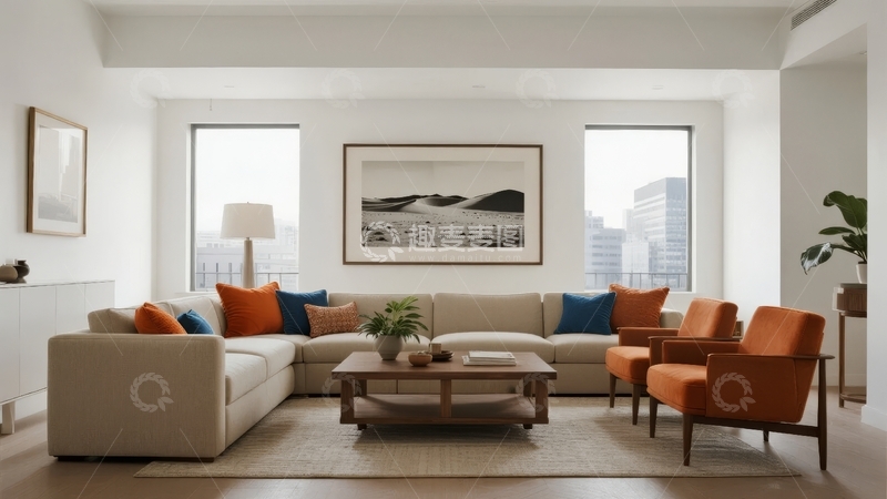 高清大图下载【趣麦麦图】现代客厅布置温馨舒适配有橙色和蓝色靠垫