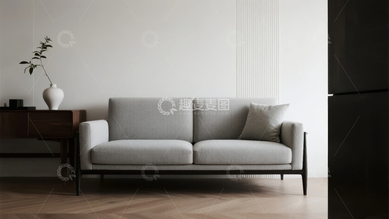 高清大图下载【趣麦麦图】简约现代风格客厅中的灰色沙发与木质装饰
