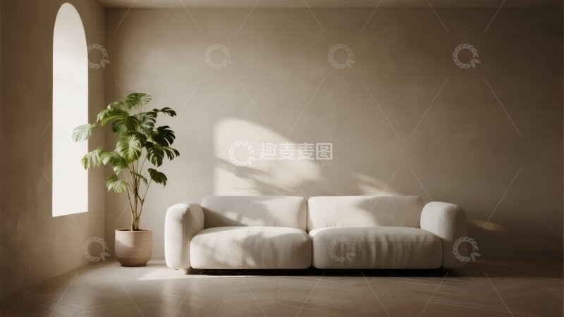 高清大图下载【趣麦麦图】简约室内空间中白色沙发与绿植在光影下的静谧场景