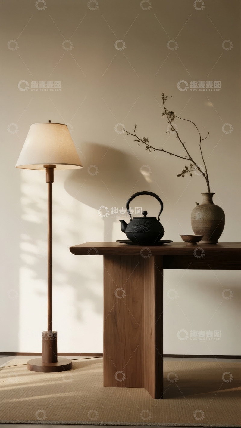 高清大图下载【趣麦麦图】简约室内一角摆放着茶壶与花瓶