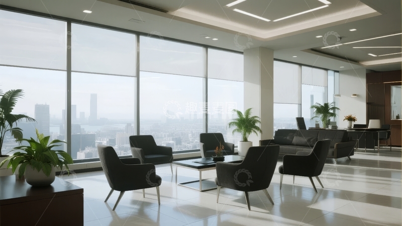 高清大图下载【趣麦麦图】现代商务大厅宽敞明亮配有舒适座椅和城市景观