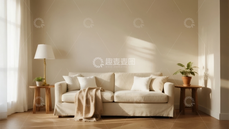 高清大图下载【趣麦麦图】明亮室内空间中的米色沙发与简约装饰