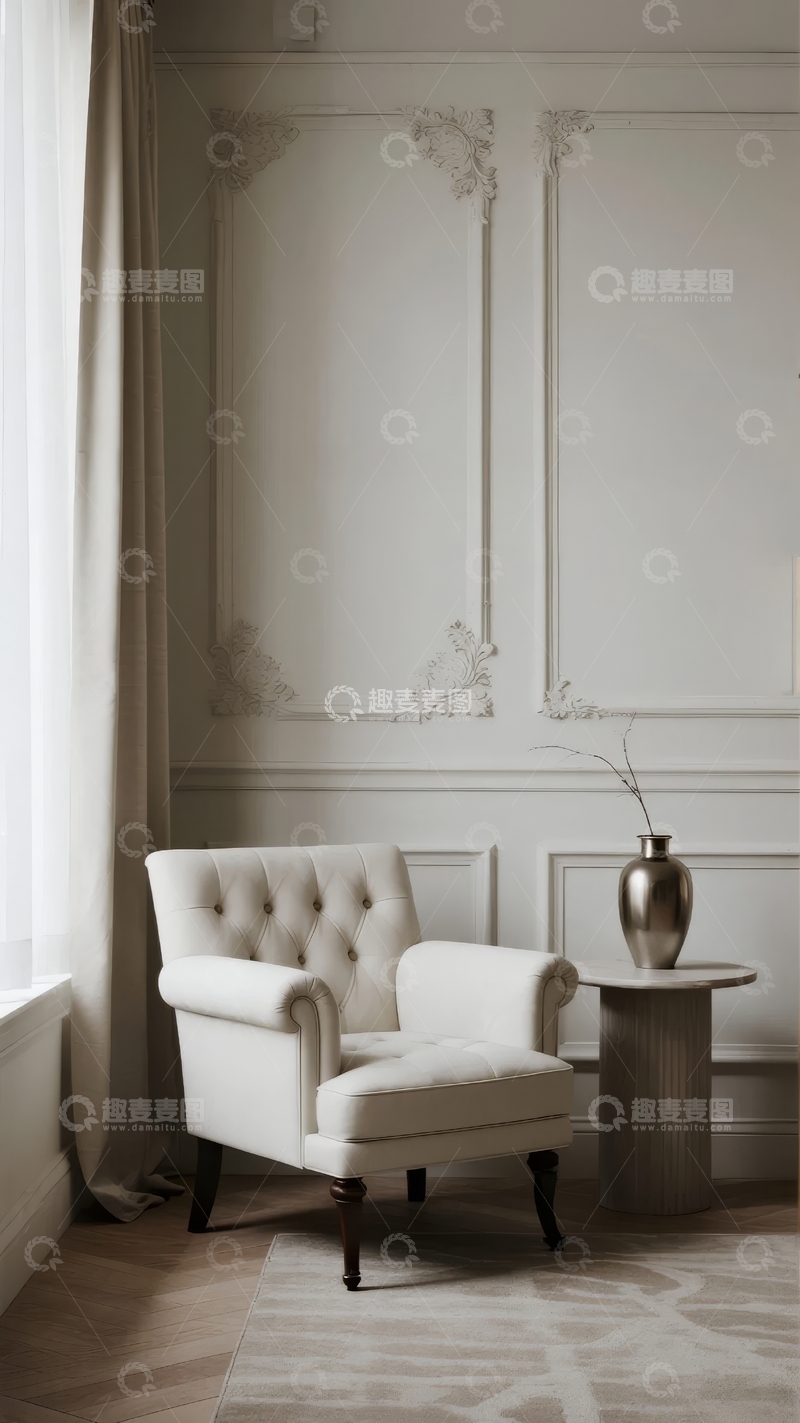 高清大图下载【趣麦麦图】典雅室内一角摆放着米色扶手椅与金属花瓶