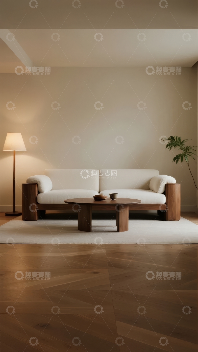 高清大图下载【趣麦麦图】简约现代客厅摆放着米色沙发和木质茶几